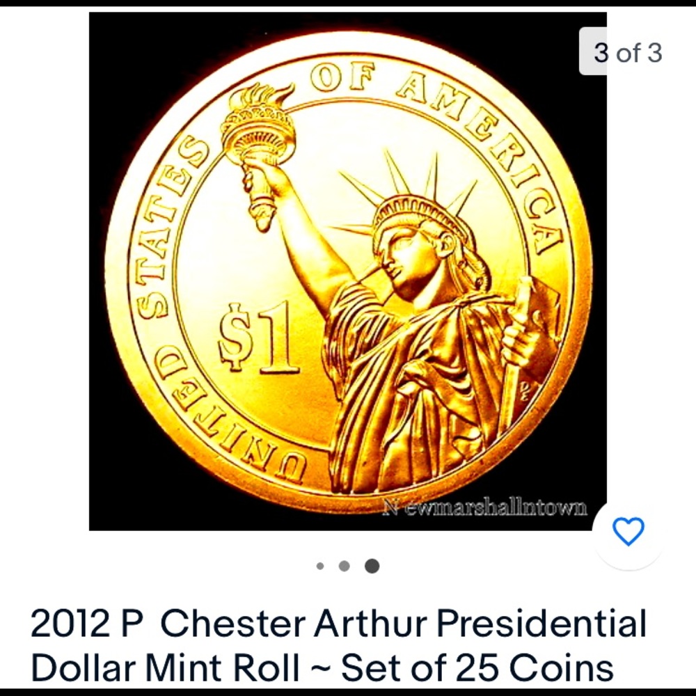 Uncirculated United States mint presidential one dollar coin Chester Arthur P